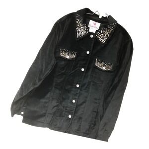NWT Quacker Factory Womens S Black Velvet Jean Jacket Studded‎ Bling Goth Witchy
